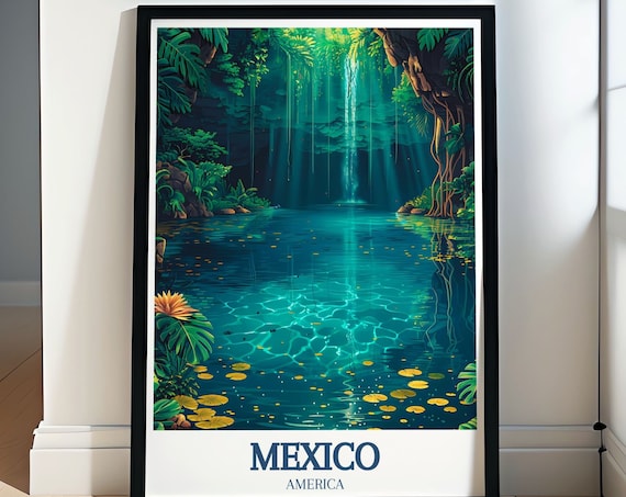 Emerald Cenote with Sunbeams and Water Lilies in Mexico Poster