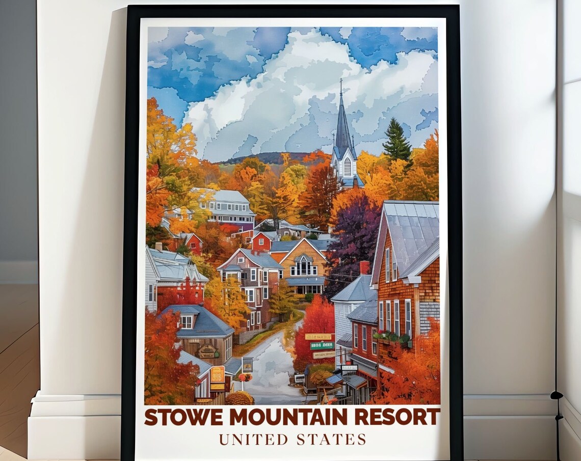 Stowe Mountain Resort Vermont Fall Foliage Village Travel Poster