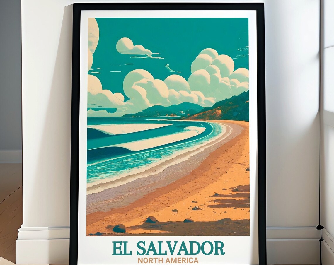 El Salvador El Tunco Beach Crescent Coast Surf Travel Poster