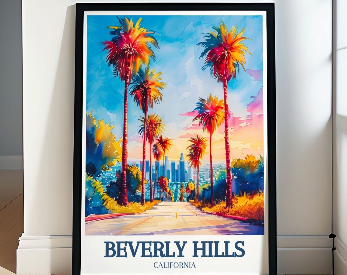 Beverly Hills California Palm Lined Street Skyline Sunset Poster