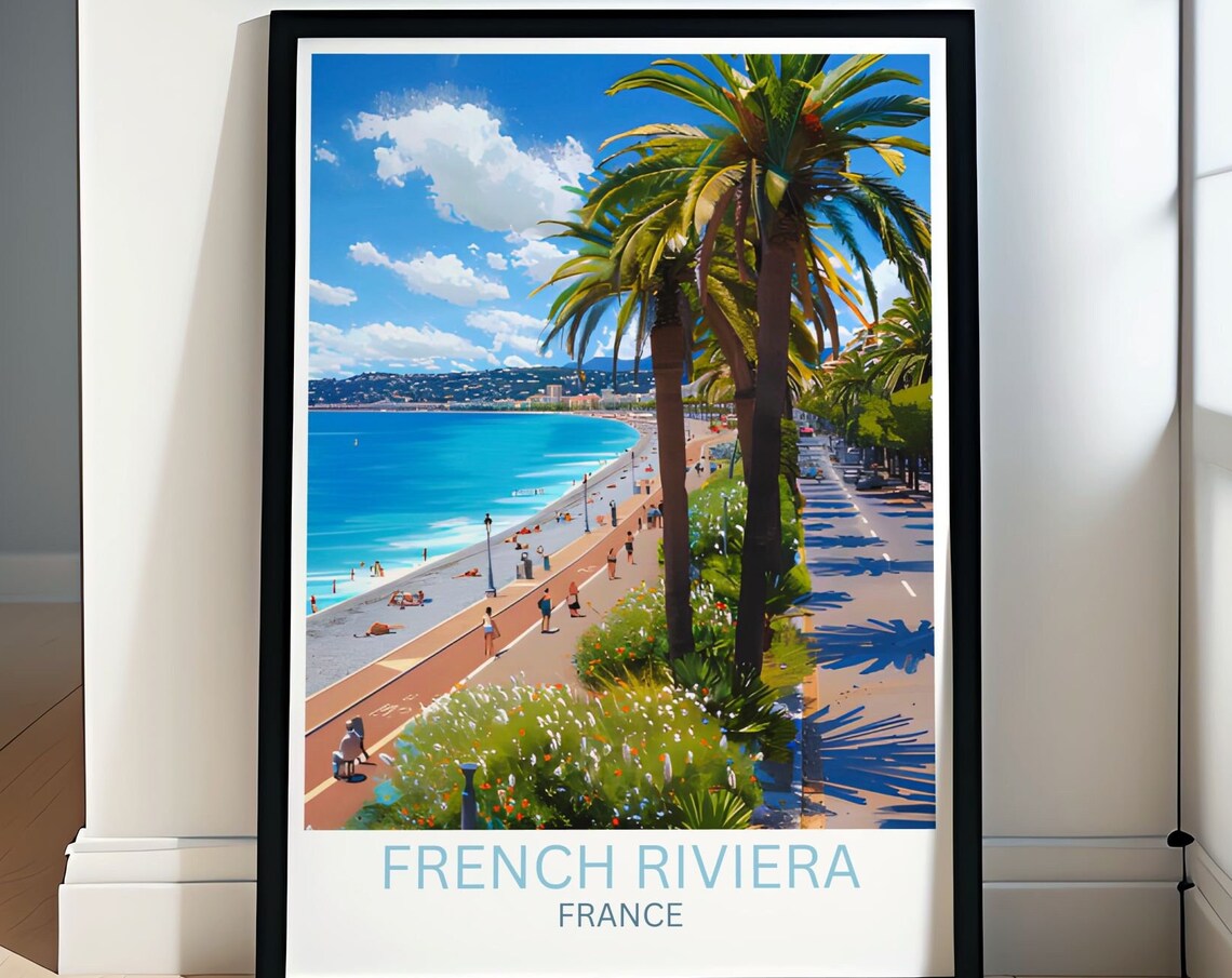 French Riviera Nice Beach Promenade Palms Azure Coast Travel Poster