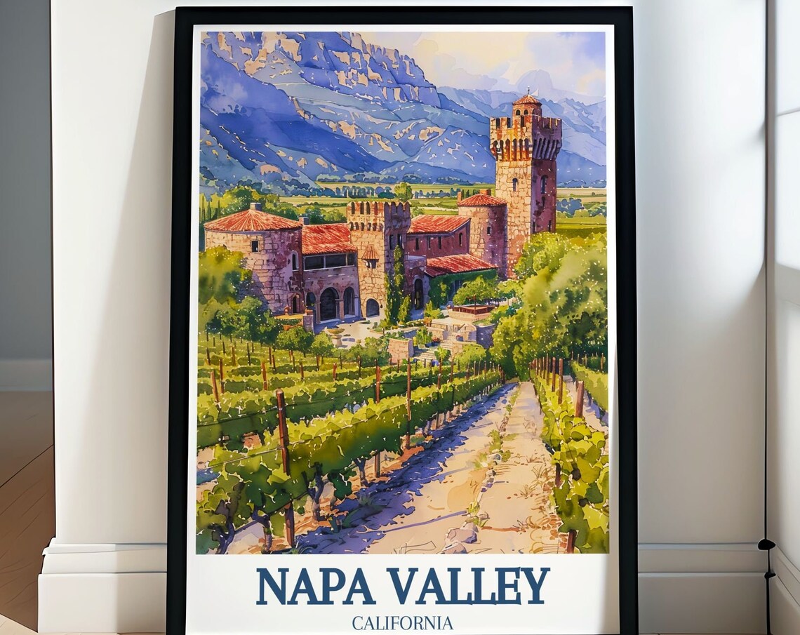 Napa Valley Castle Winery Vineyard Hills Watercolor Travel Poster