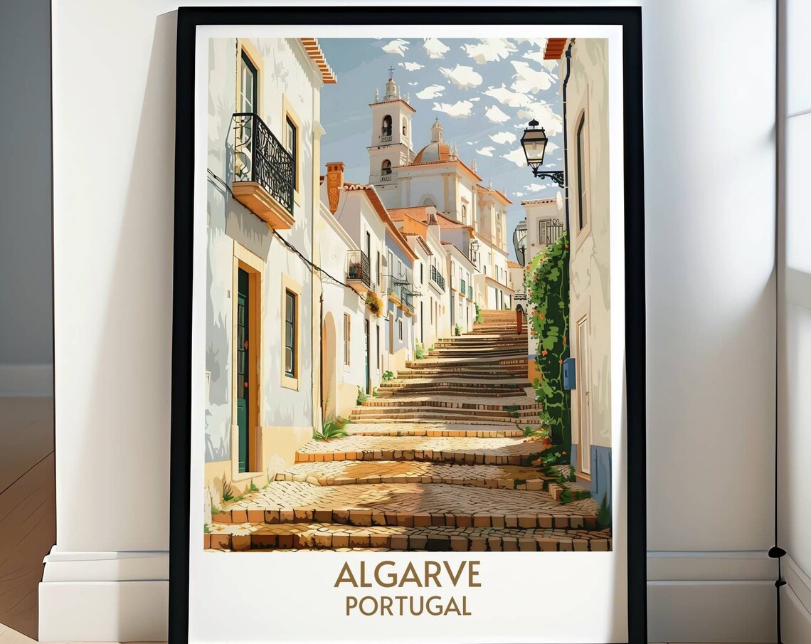 Algarve Portugal Old Town Sunny Cobbled Steps Faro Church Poster