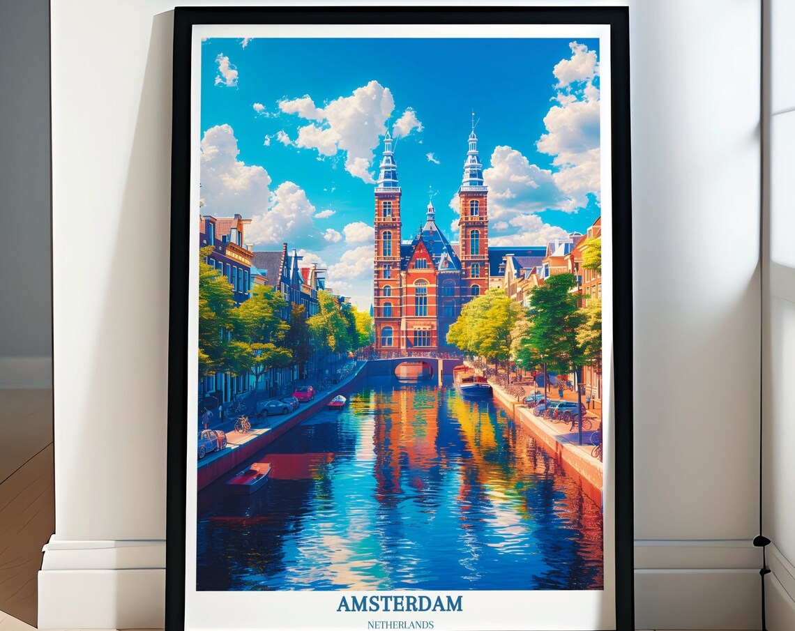 Amsterdam Historic Canal with Twin Tower Brick Building Travel Poster