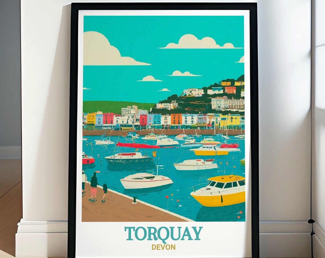Torquay Devon Harbour Boats Colorful Seafront Pier Travel Poster