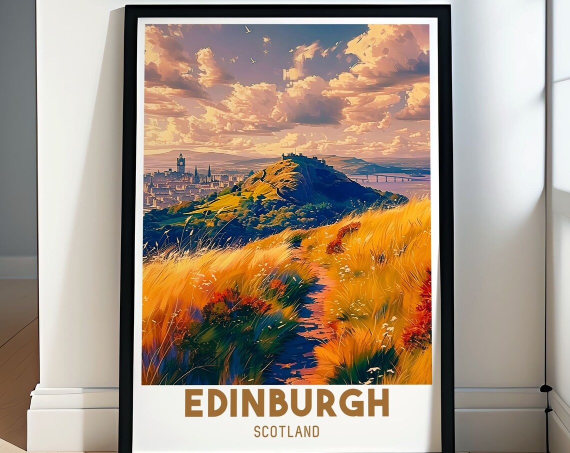 Edinburgh Scotland Golden Meadow Sunset Over City View Poster