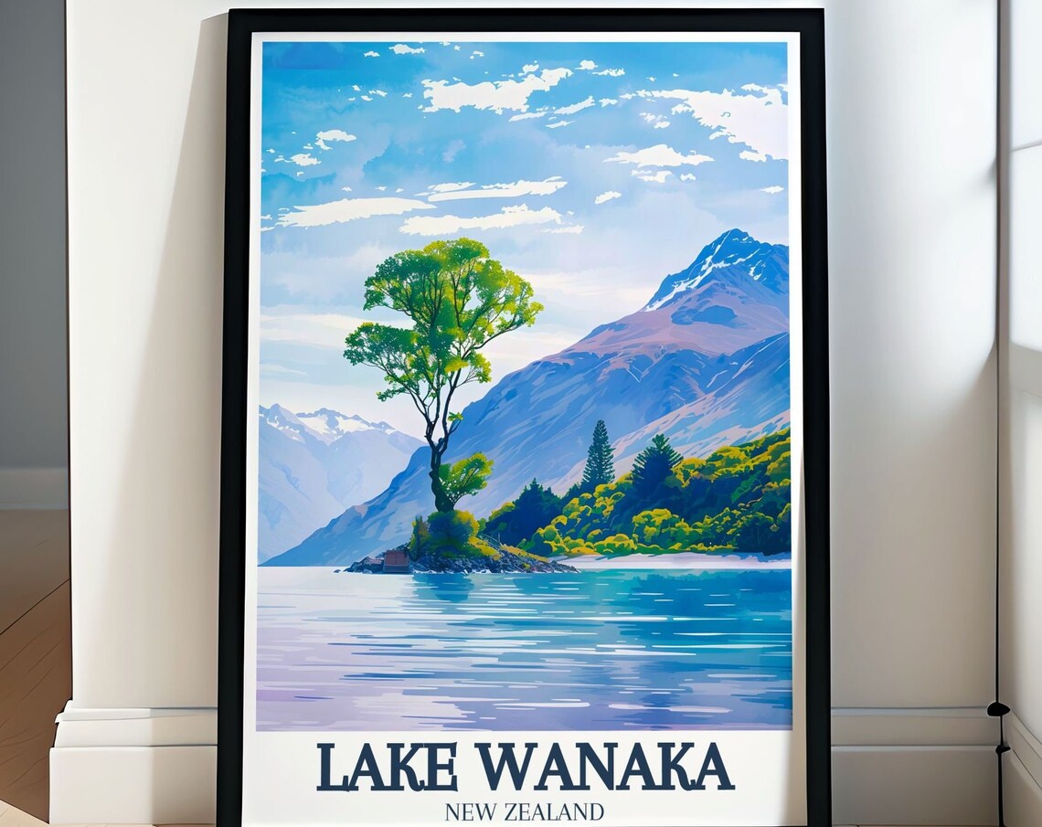 Lake Wanaka New Zealand Island Tree Mountain View Scenic Travel Poster