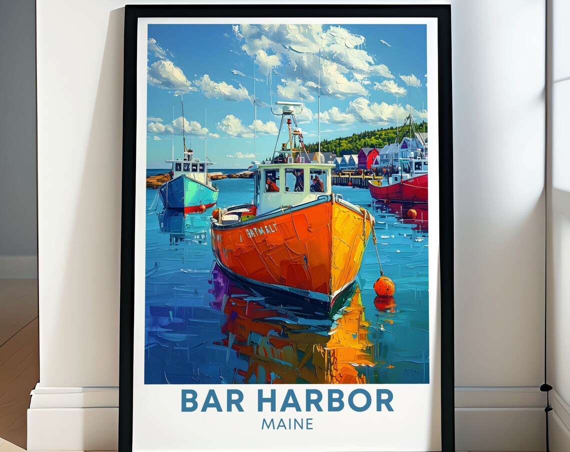 Bar Harbor Maine Colorful Fishing Boats In Busy Harbor Poster