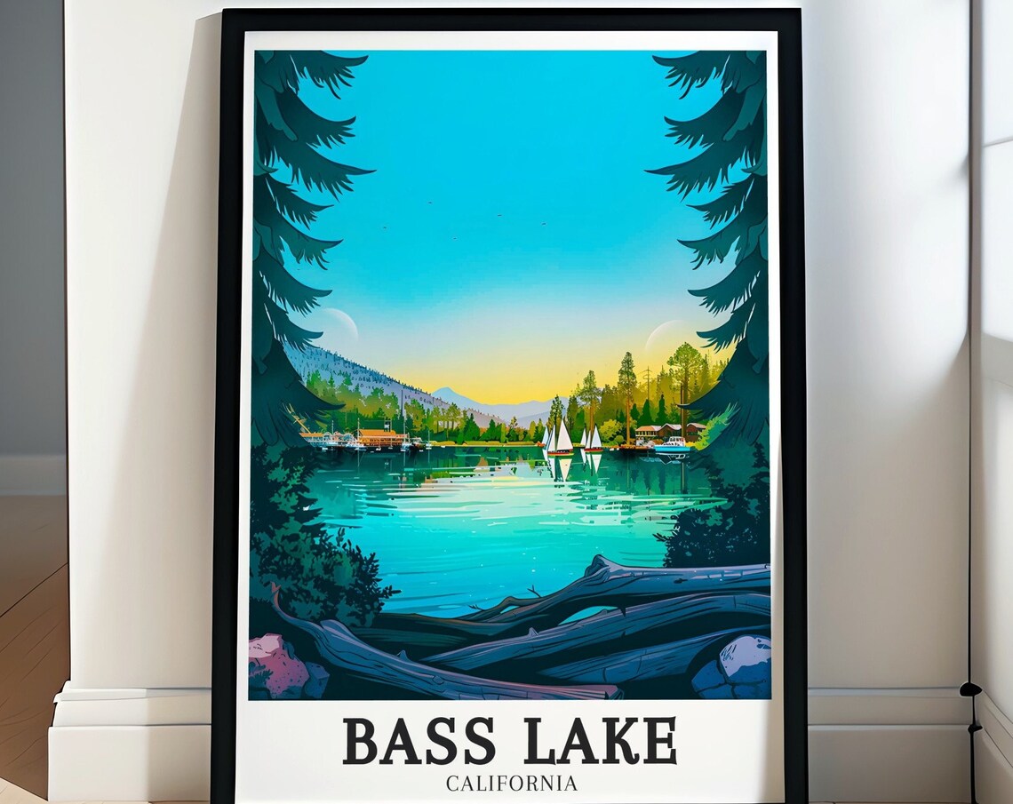 Bass Lake California Sailboats Pine Framed Lake Sunset View Poster