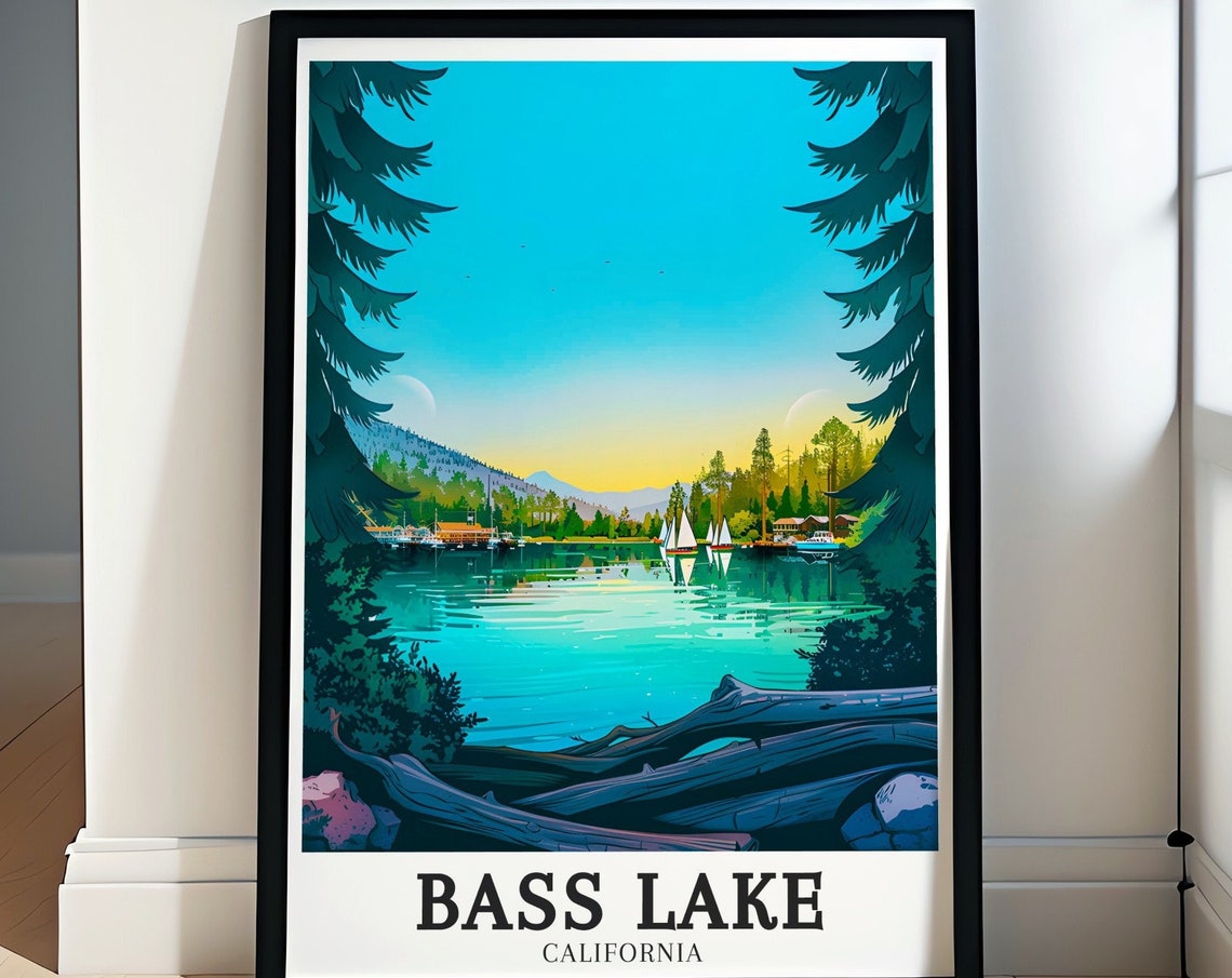 Bass Lake Travel Print The Pines Resort Sierra Nevada Mountains Poster Sierra Nevada Mountains Art Bass Lake Travel Poster
