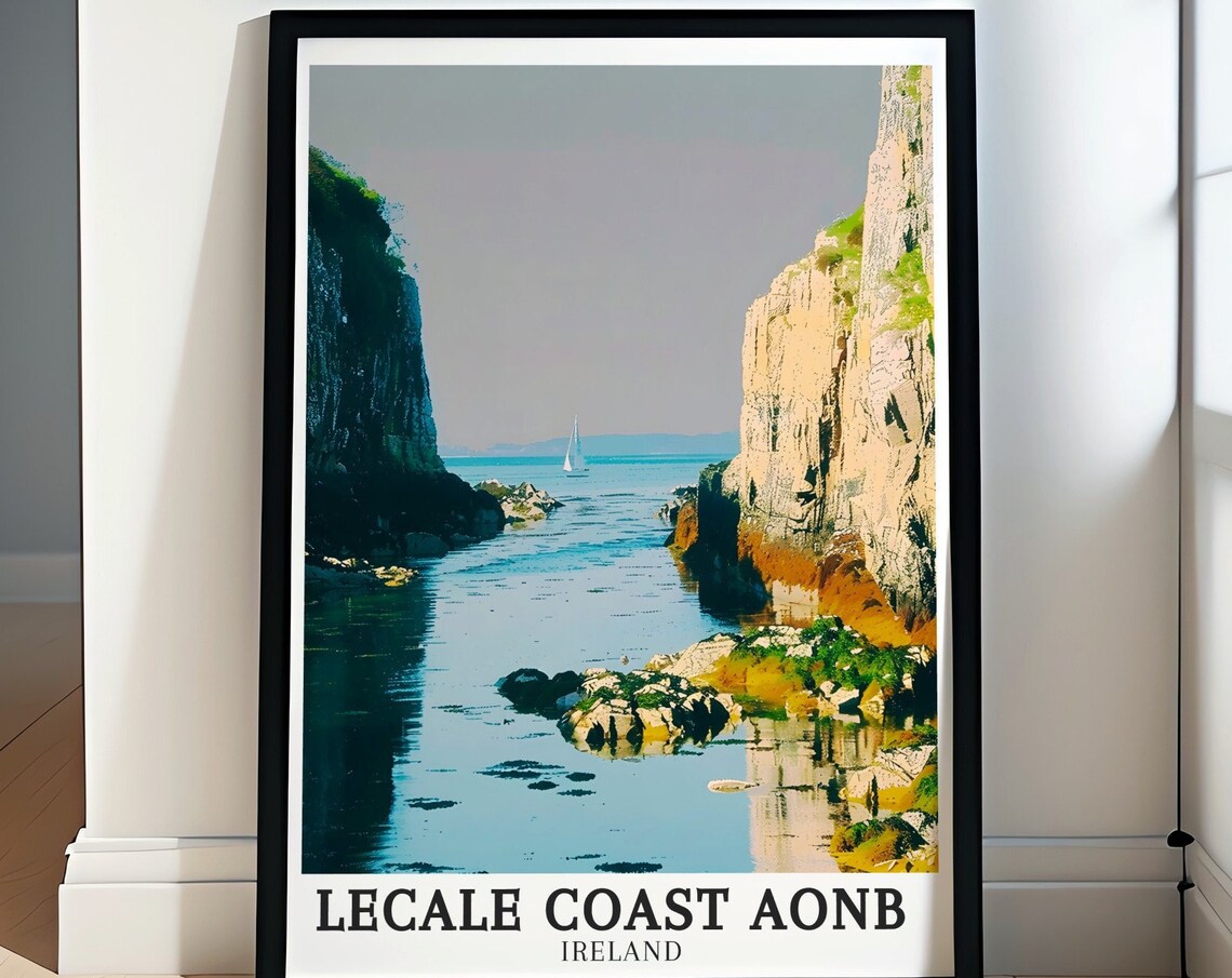 Lecale Coast AONB Rocky Cliffs Sailboat Ireland Travel Poster