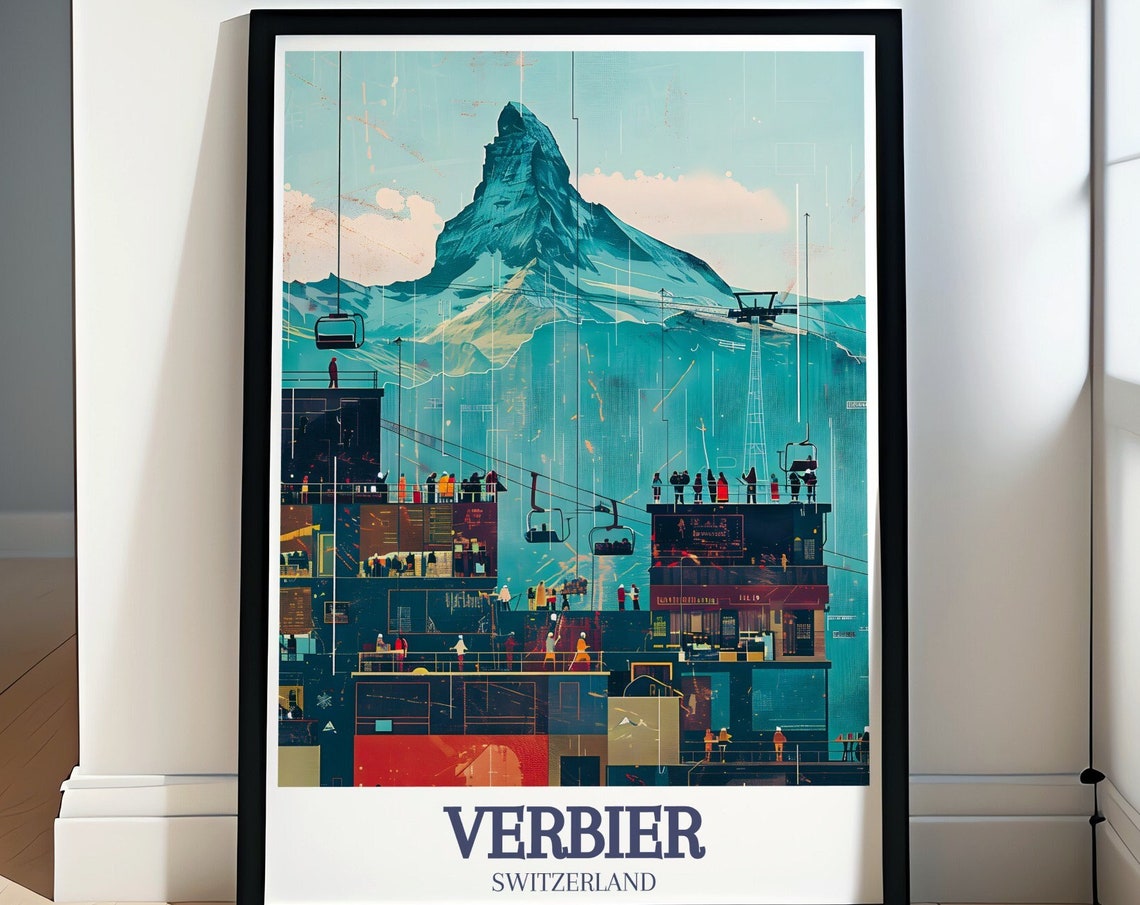 Verbier Switzerland Gondolas Beneath Mountain Peak Travel Poster