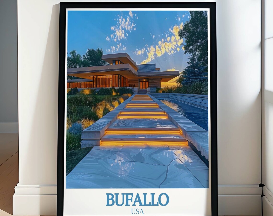 Buffalo USA Wright Style House Glowing Warmly At Dusk Poster