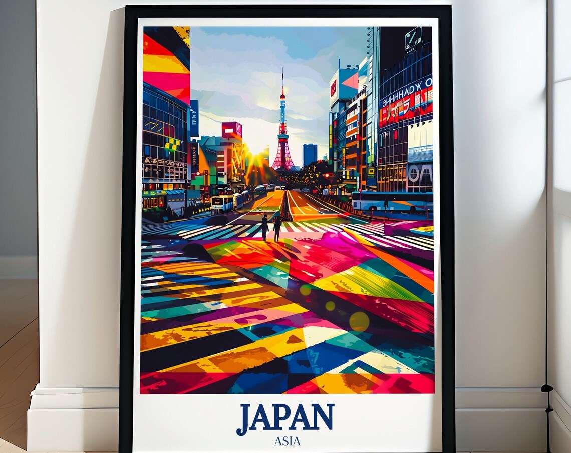 Japan Shibuya Crossing With Tokyo Tower Colorful Street Poster