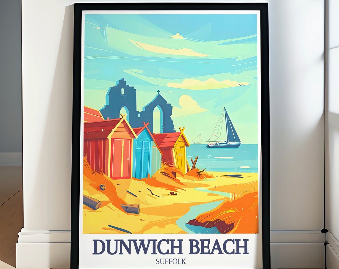 Dunwich Beach Suffolk Church Ruins Beach Huts Sailboats Poster