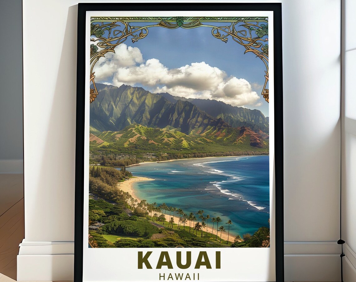 Kauai Hawaii Palm Beach Bay Decorative Art Nouveau Style Poster
