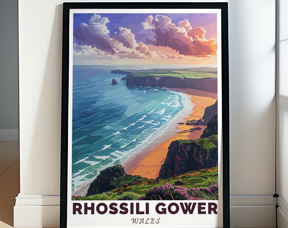 Rhossili Gower Wales Bay Sunset Golden Cliffs Surf Travel Poster