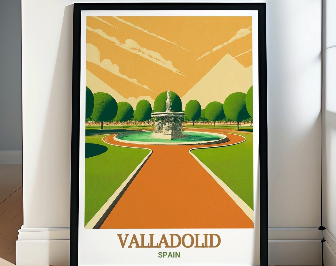 Valladolid Spain Campo Grande Park Fountain Retro Travel Poster