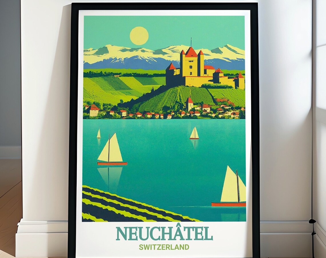 Neuchatel Switzerland Lake Sailboats Alps Scenic Voyage Poster