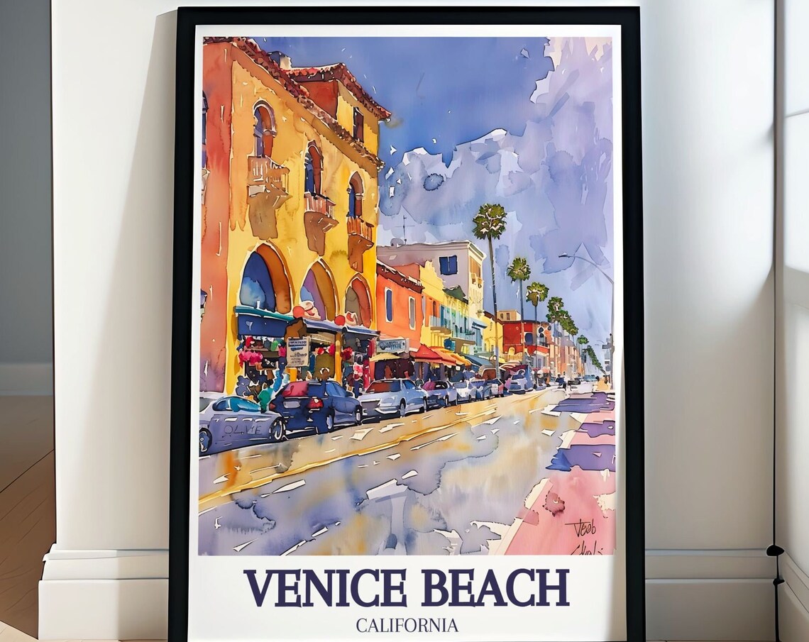 Venice Beach California Palm Street Scene Watercolor Art Poster