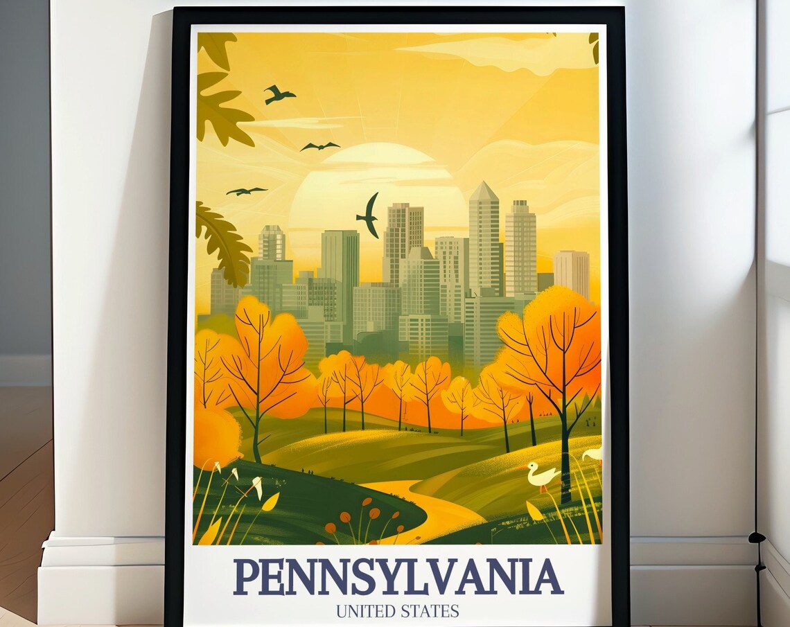 Pennsylvania Sunset Skyline Golden Park Autumn Travel Poster