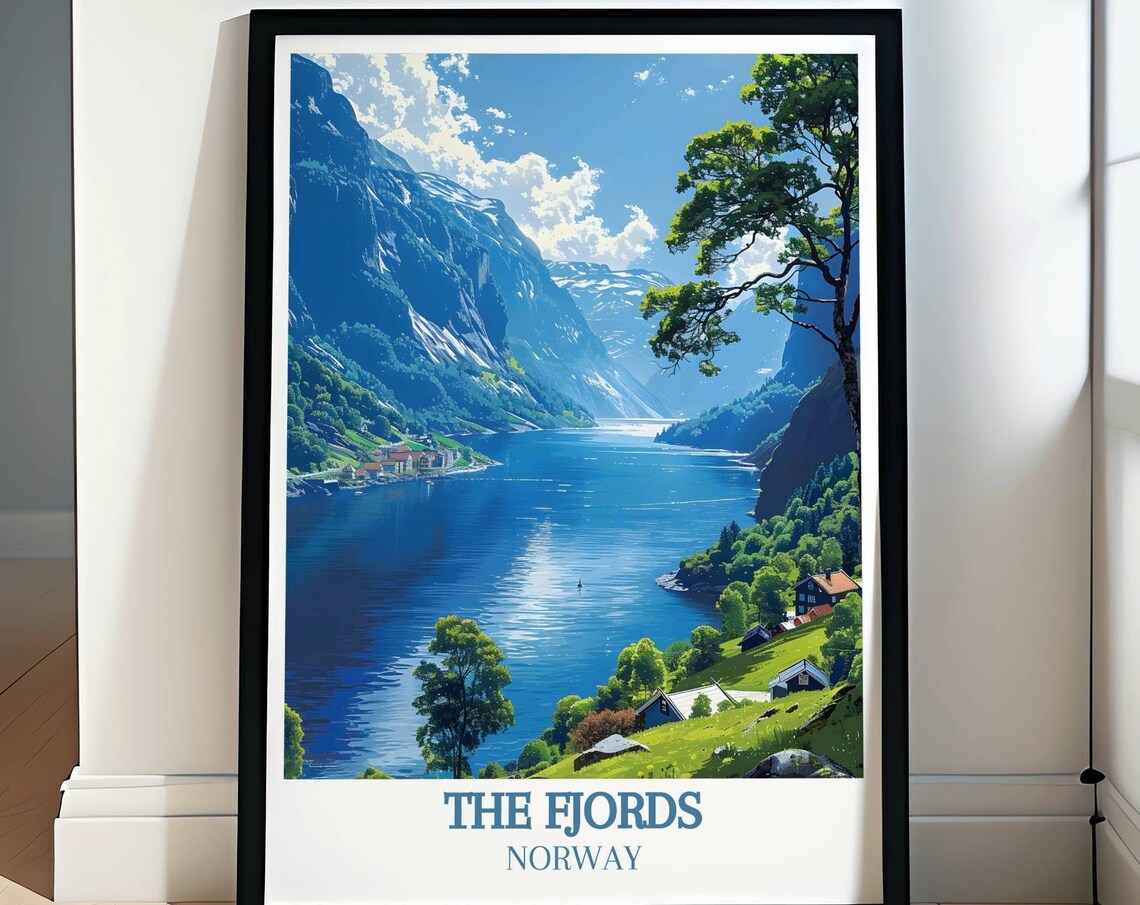 The Fjords Norway Travel Poster Blue Water Lakeside Village View