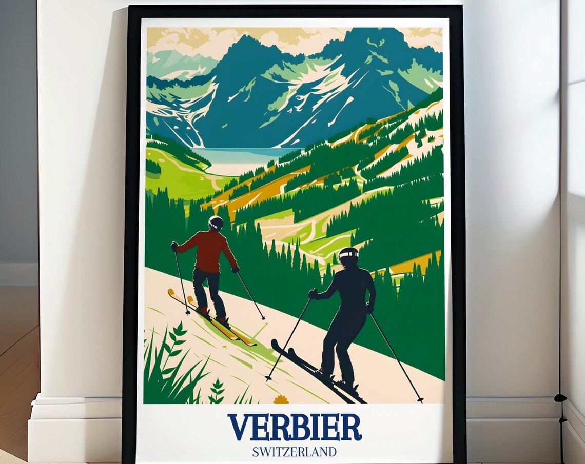 Verbier Switzerland Skiers Descending Alpine Valley Meadow Poster