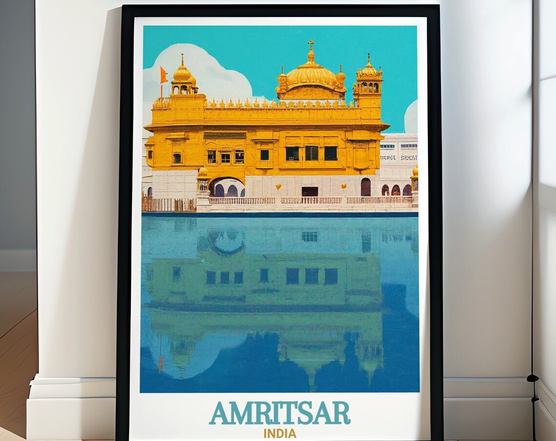 Amritsar India Golden Temple Reflection Vintage Travel Poster