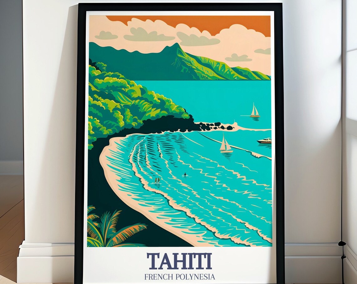 Tahiti French Polynesia Dark Sand Beach Sailboats Travel Poster