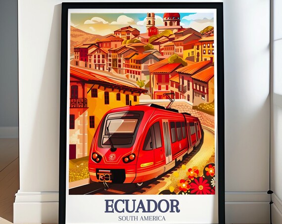 Ecuador Cuenca Red Tram Colonial Hillside Town Travel Poster