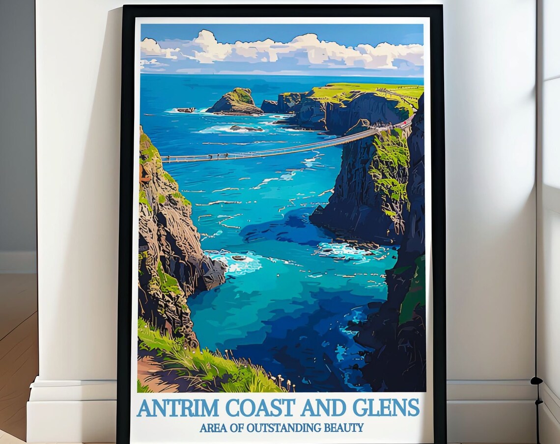 Antrim Coast Rope Bridge Turquoise Sea Cliffs Vintage Poster