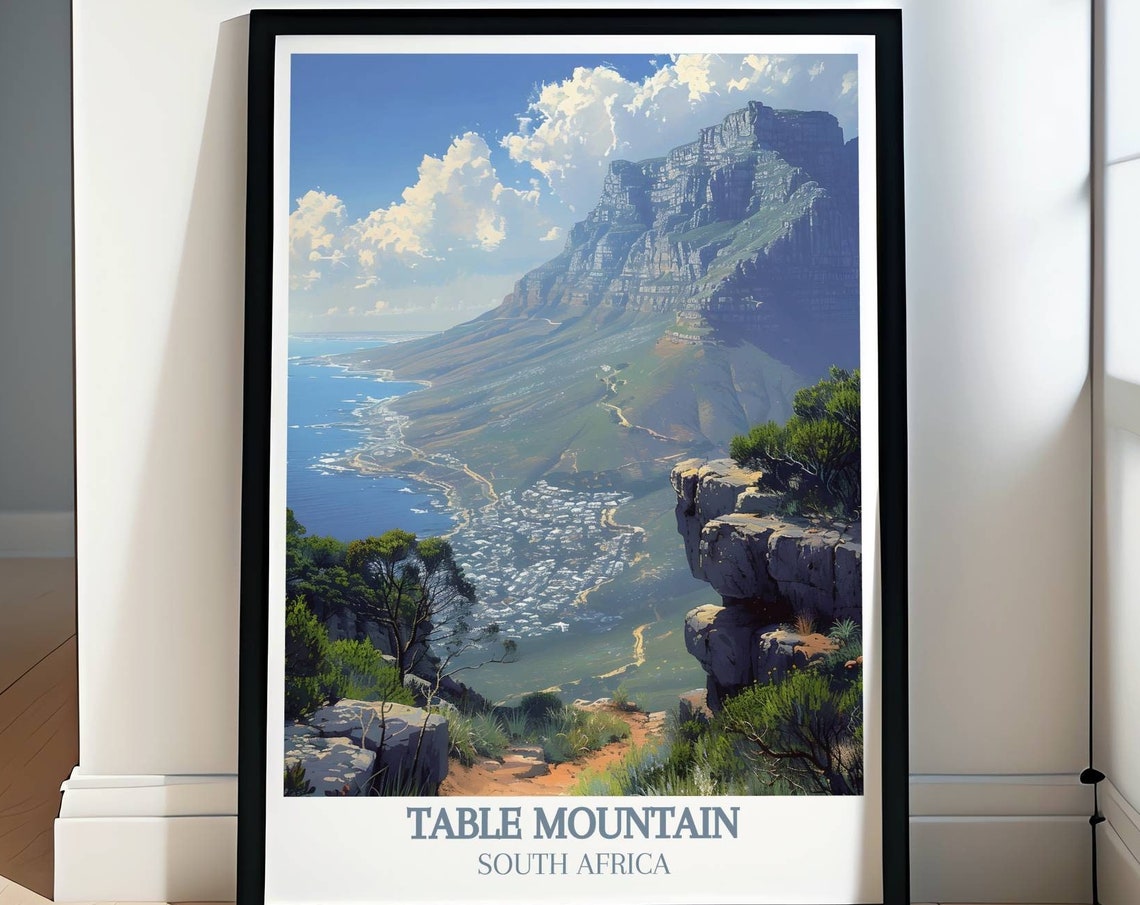 Table Mountain Cliff Overlook With Coastal Town Below Poster