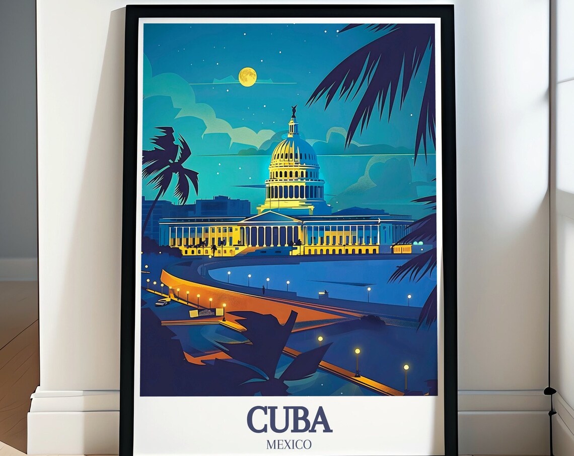 Mexico Cuba El Capitolio Moonlit Night Palms Vintage Travel Poster