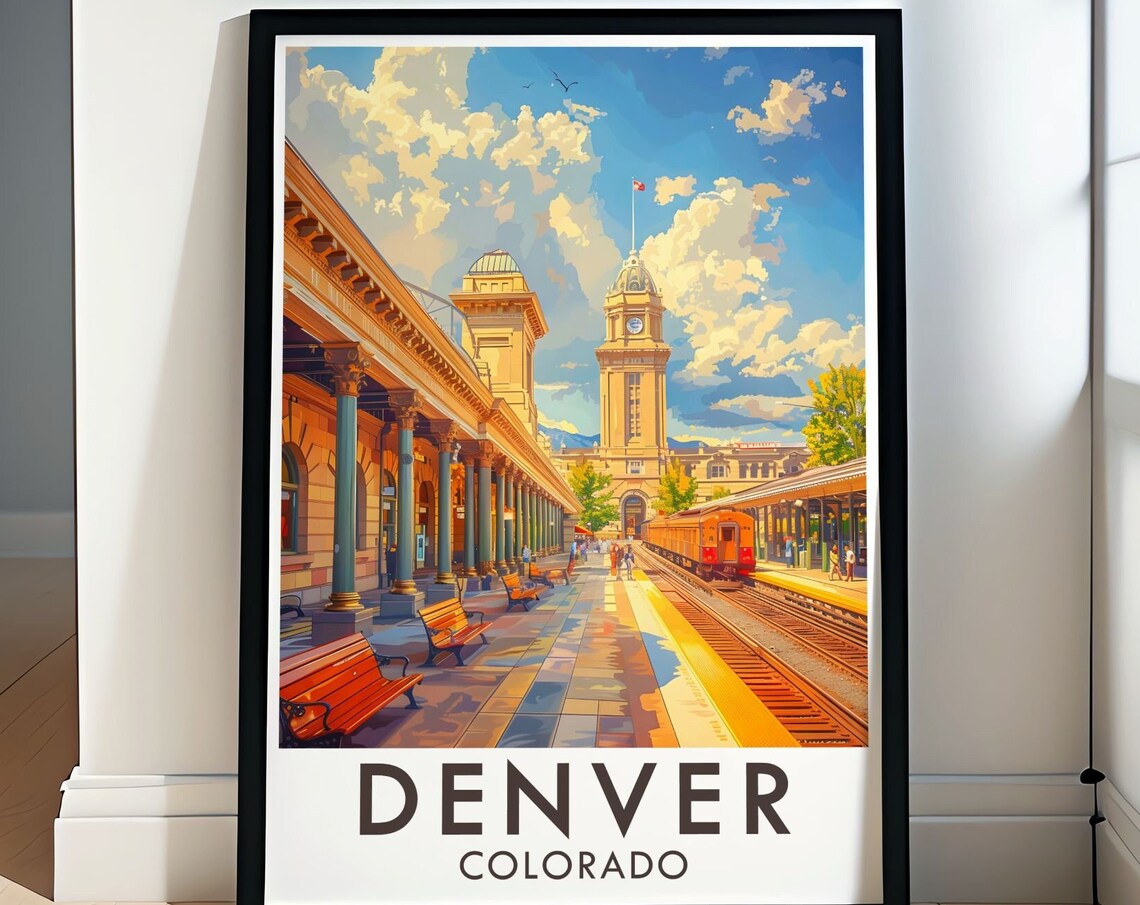 Denver Colorado Union Station Clock Tower Train Travel Poster