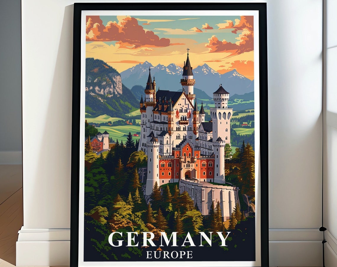 Neuschwanstein Castle Dramatic Sunset Bavaria Germany Travel Poster
