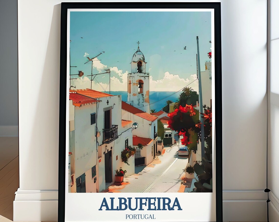 Albufeira Old Street Church Bell Tower Coastal Travel Poster