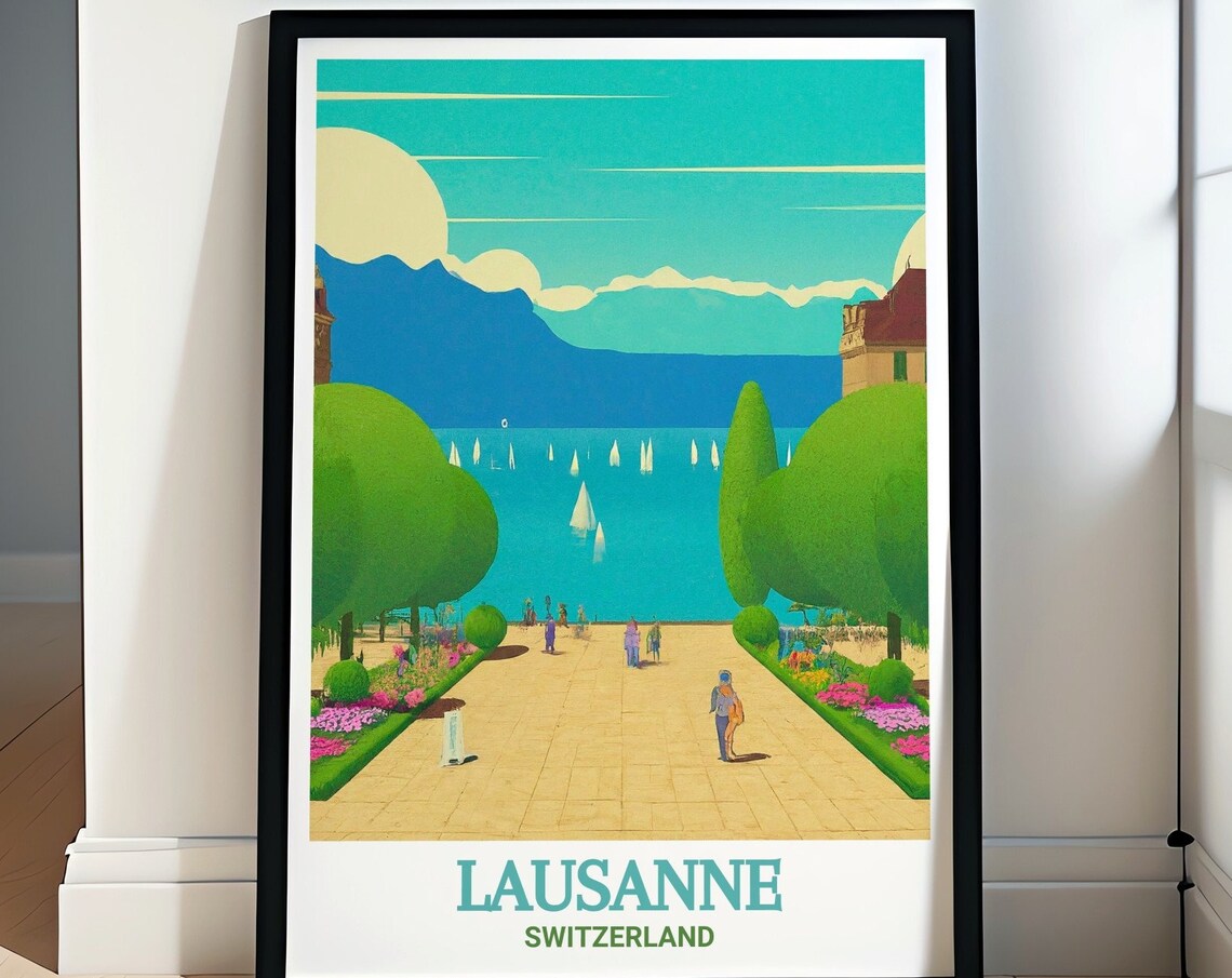 Lausanne Switzerland Lake Geneva Promenade Sailboats Alps View Poster