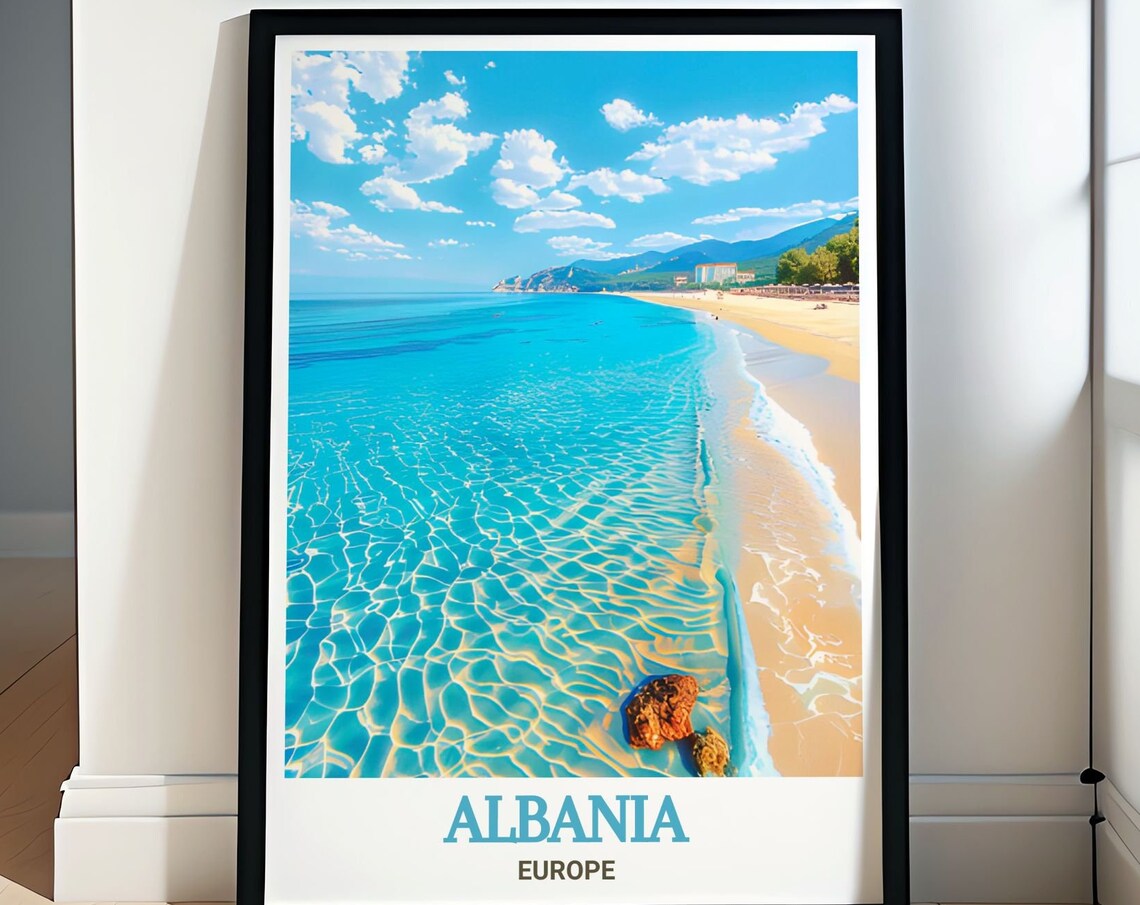 Dhermi Beach Turquoise Sea Golden Sandy Shore Travel Art Poster