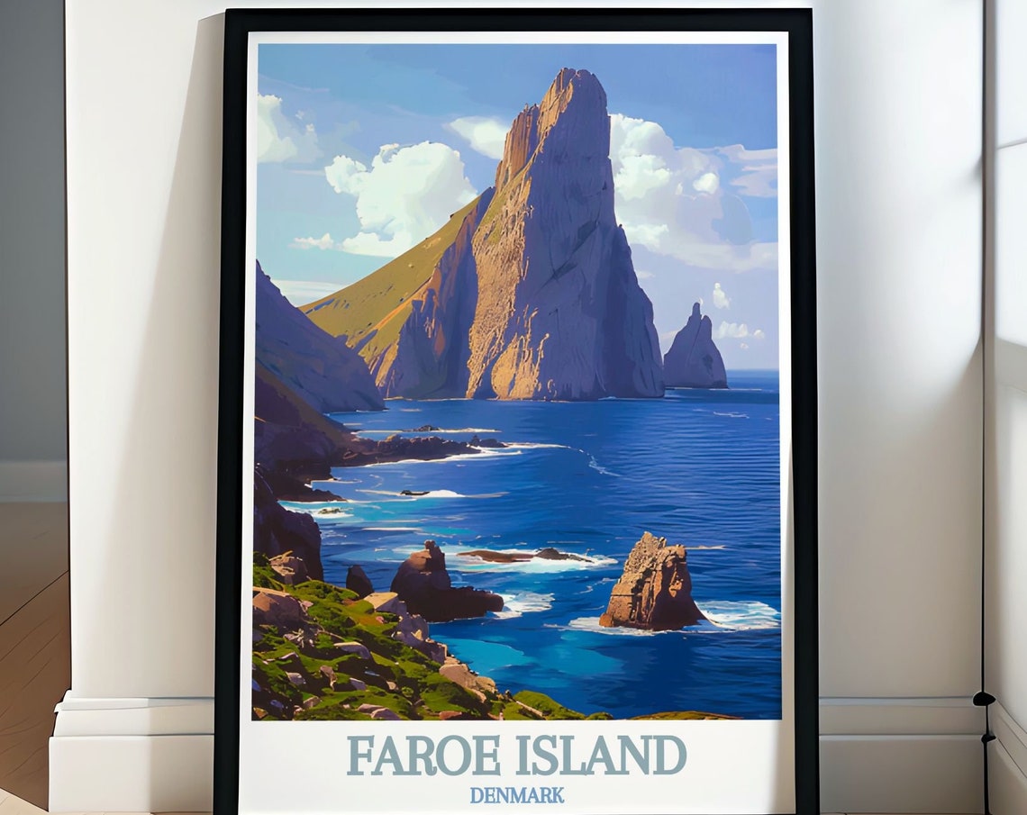 Faroe Islands Dramatic Sea Stack Cliffs Rugged Ocean Travel Poster