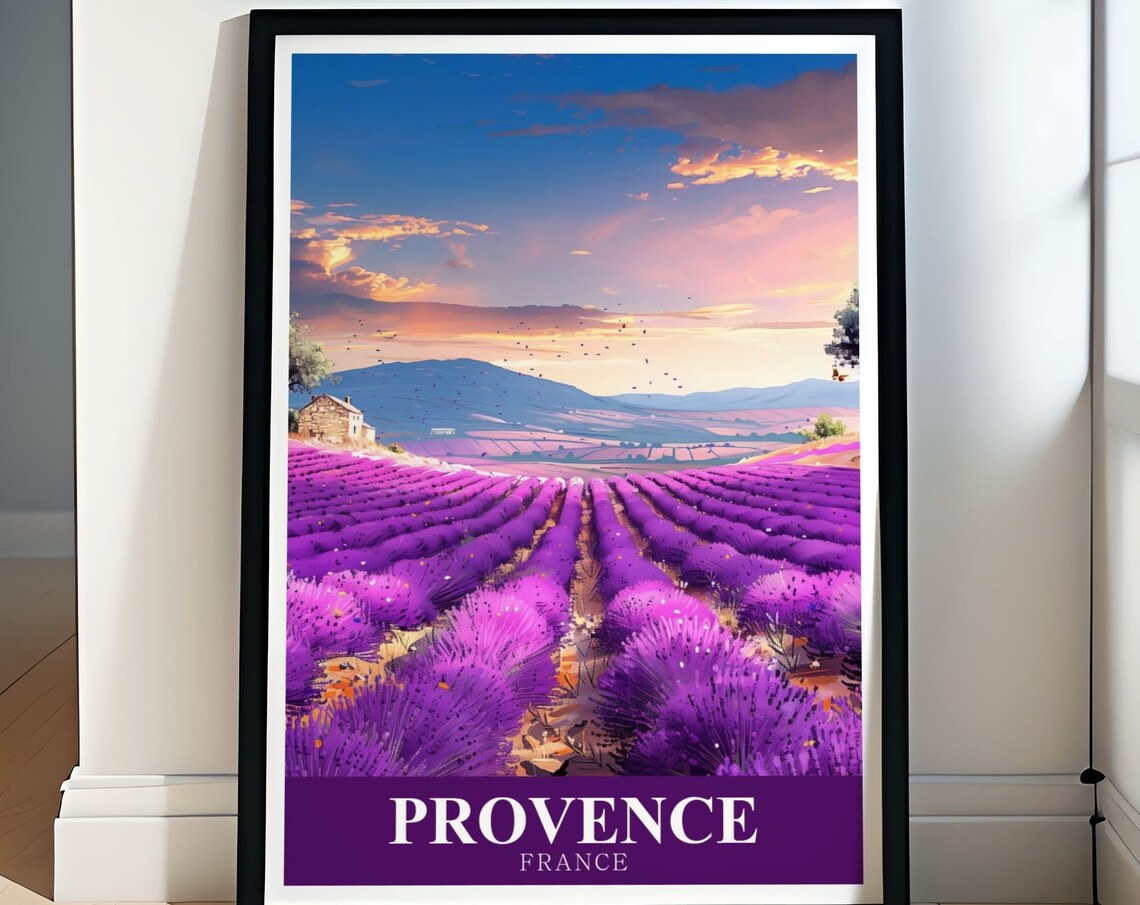 Provence Lavender Fields at Sunset With Stone Farmhouse Travel Poster