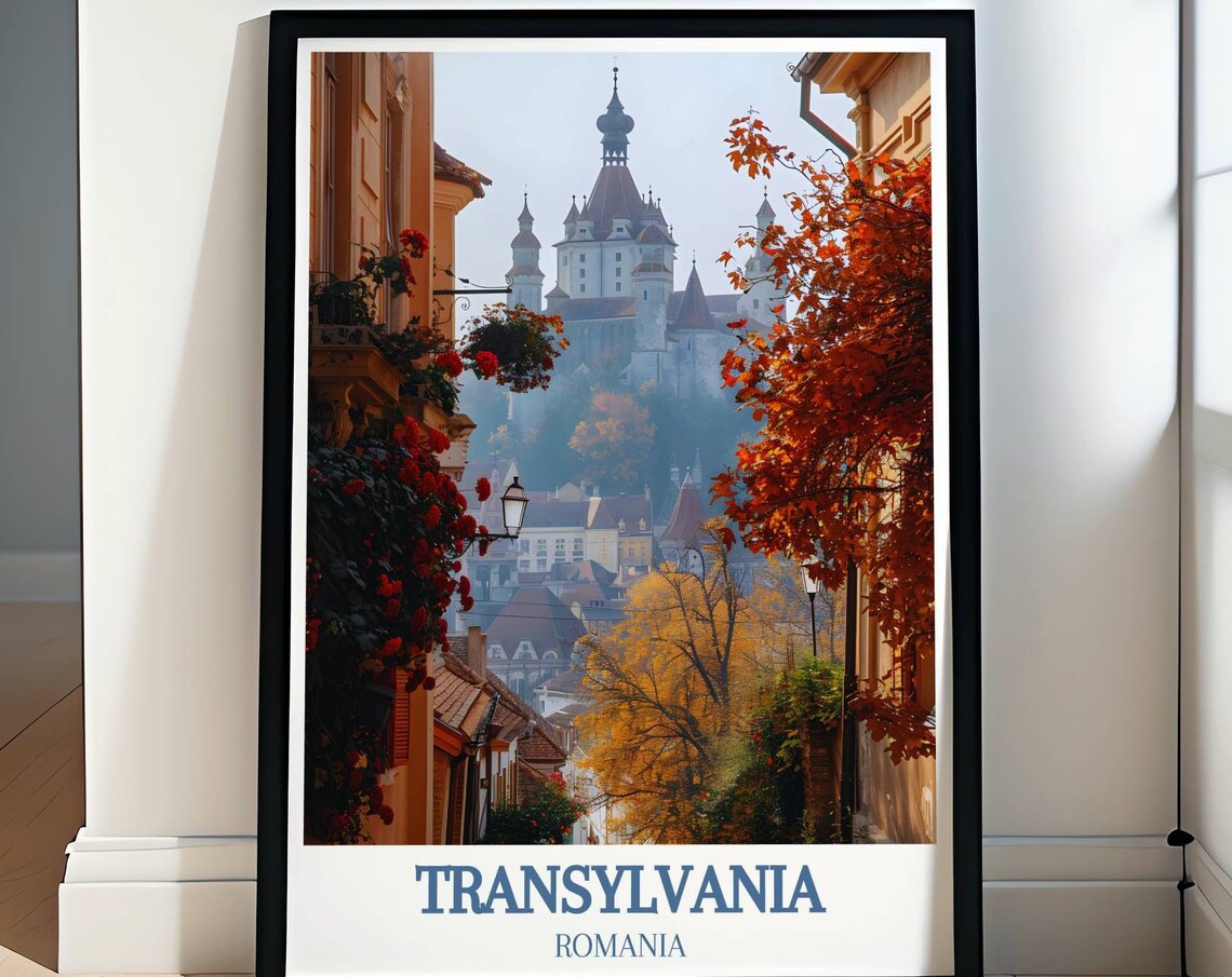 Transylvania Romania Travel Poster Old Town Street in Autumn View