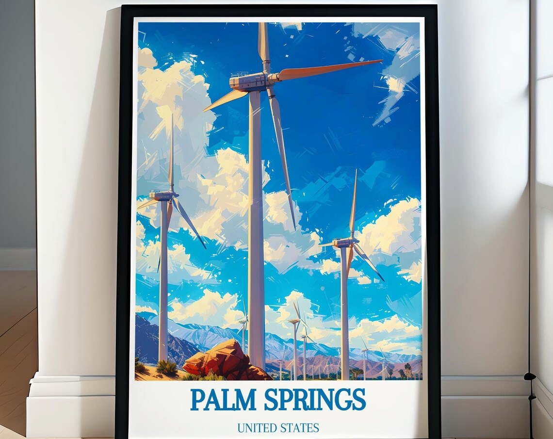 Palm Springs California Desert Wind Turbines Under Blue Sky Poster