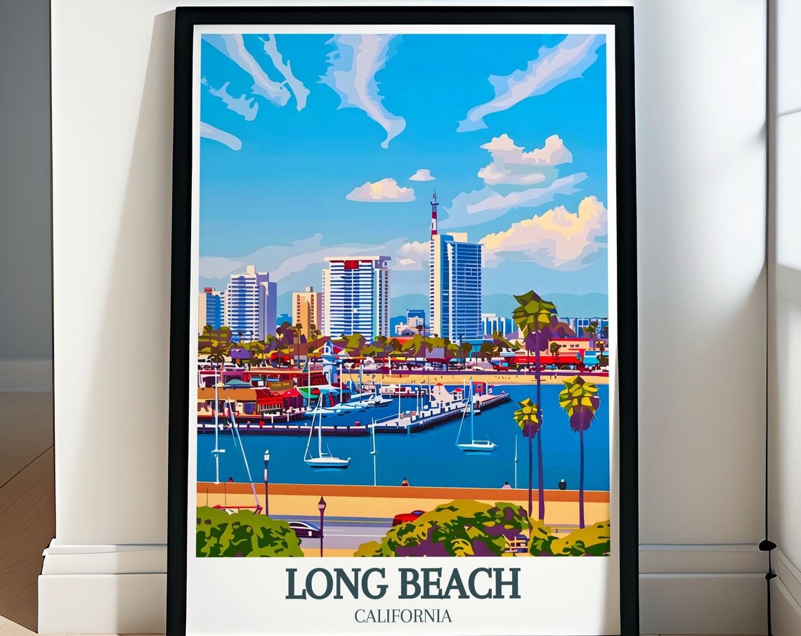 Long Beach Downtown Skyline Marina Sailboats Daytime City Poster