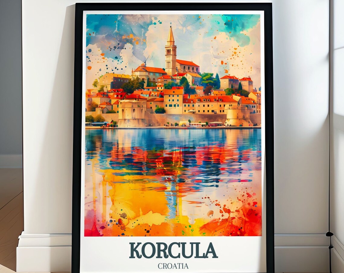 Korcula Old Town Watercolor Harbor Reflection Croatia Poster