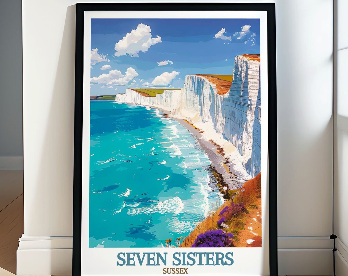 Seven Sisters White Chalk Cliffs Turquoise Sea Travel Poster
