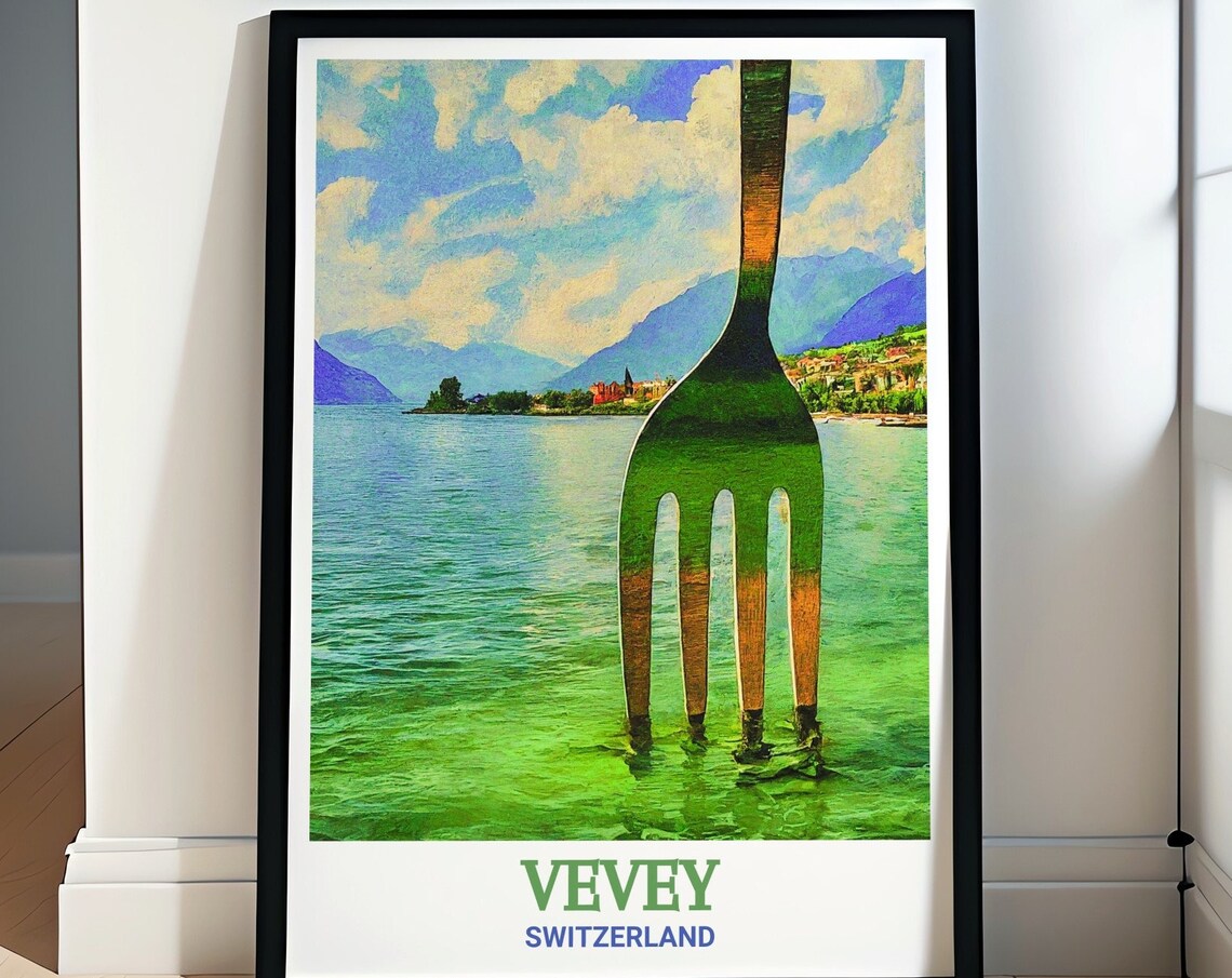 Vevey Giant Fork Sculpture Rising From Lake Geneva Waves Poster