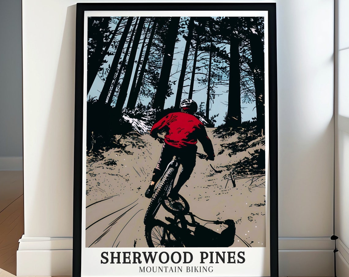 Sherwood Pines Mountain Biker Red Jacket Forest Trail Graphic Poster