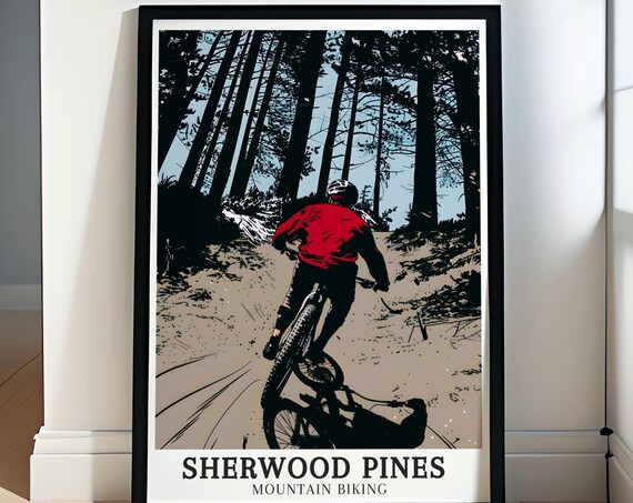 Sherwood Pines Mountain Biker Red Jacket Forest Trail Graphic Poster