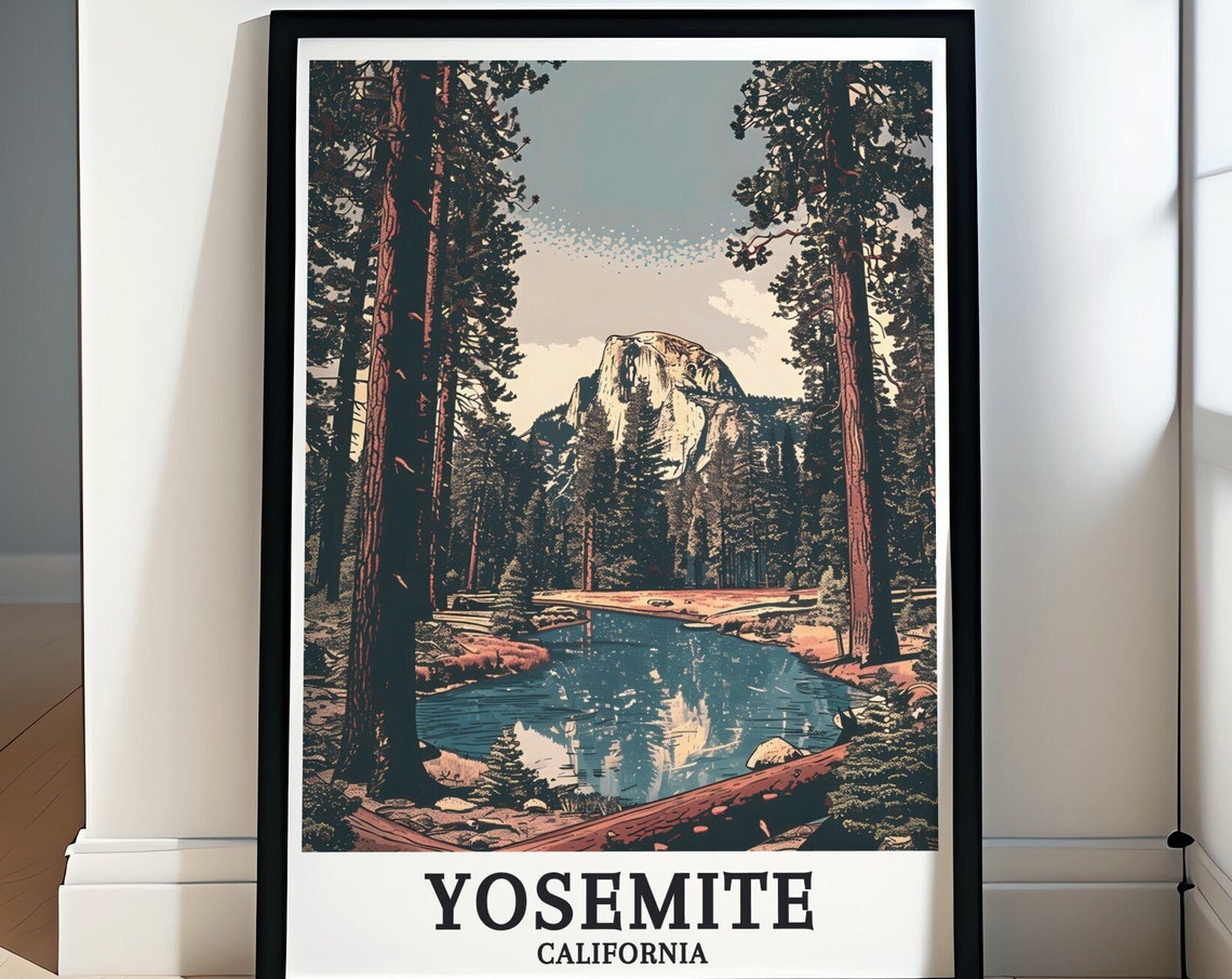 Yosemite Half Dome Viewed Through Sunlit Towering Pines River Poster