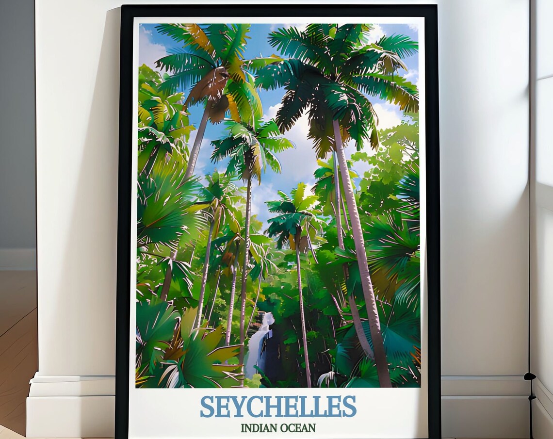 Seychelles Indian Ocean Tropical Palm Forest Waterfall Travel Poster